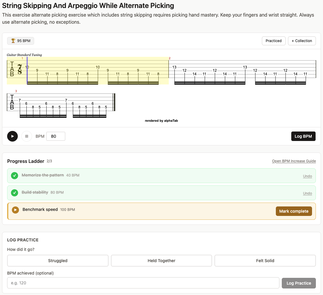 fretmarks app showing a string-skipping exercise with tablature, BPM controls, progress ladder, and practice logging